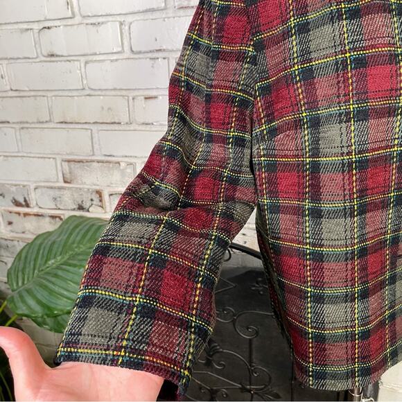 Vintage 90s Sag Harbor Burgundy Green Plaid Womens Button-down Blazer Jacket - Picture 4 of 9